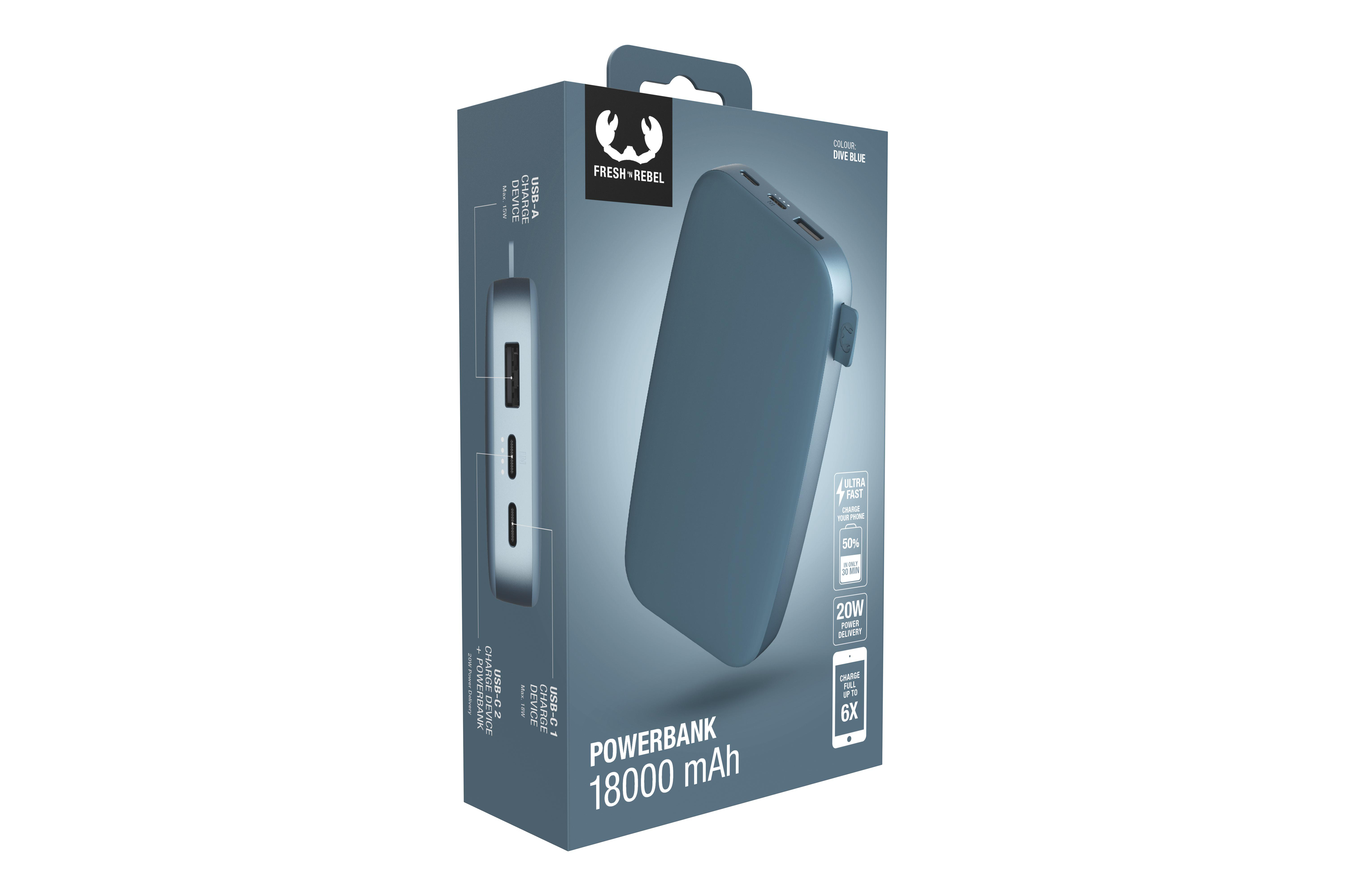 Blaue Powerbank in einer Box, mit Funktionen und USB-Anschlüssen, auf weißem Hintergrund.