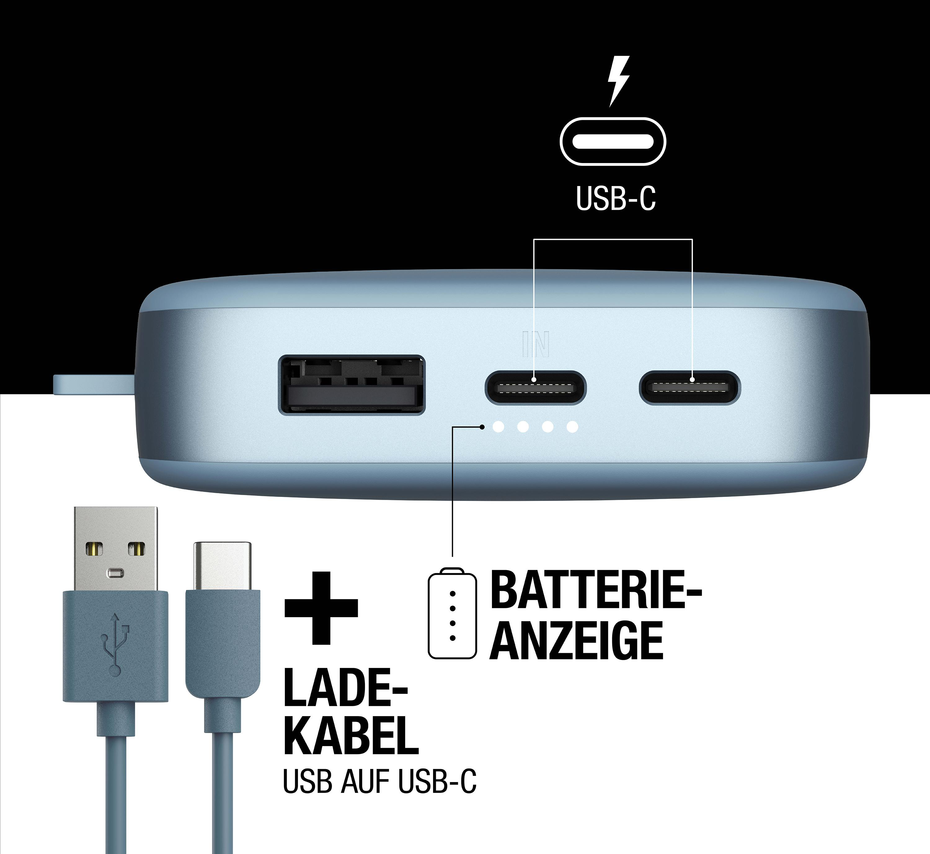 Eine blaue Powerbank mit USB-C- und USB-Anschlüssen, einer Batterieanzeige und einem USB-C-Kabel.