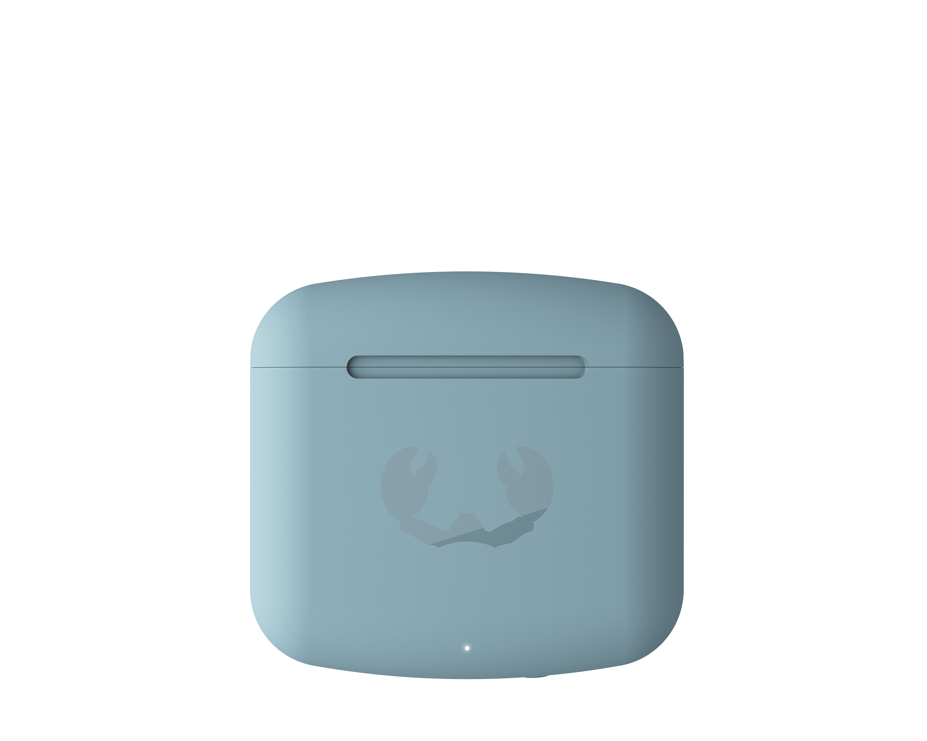 Önünde yengeç logosu olan açık mavi AirPods kılıfı, beyaz zemin üzerinde.