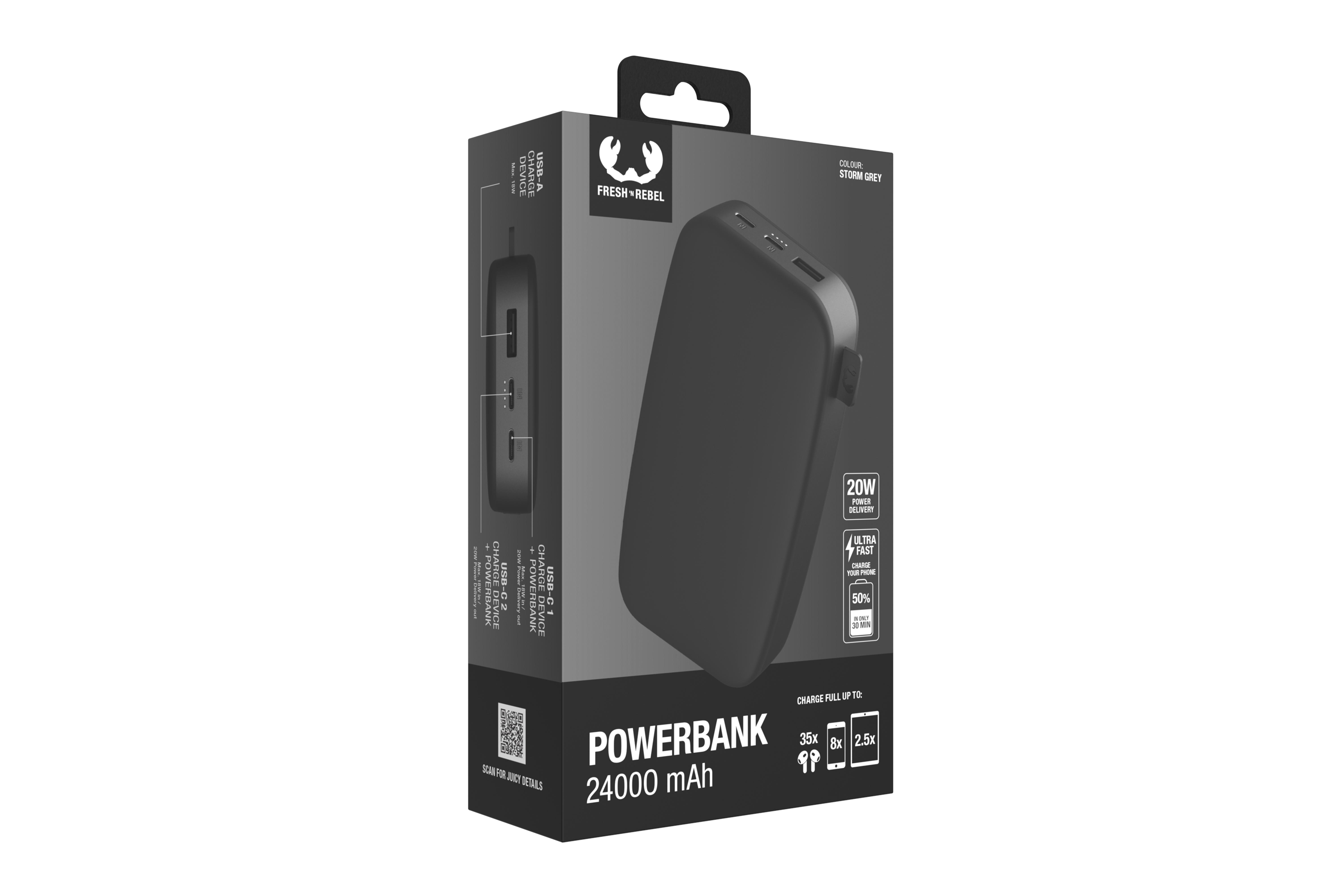 Eine schwarze und graue Powerbank-Box. Die Powerbank ist mit einem Ladeanschluss sichtbar.