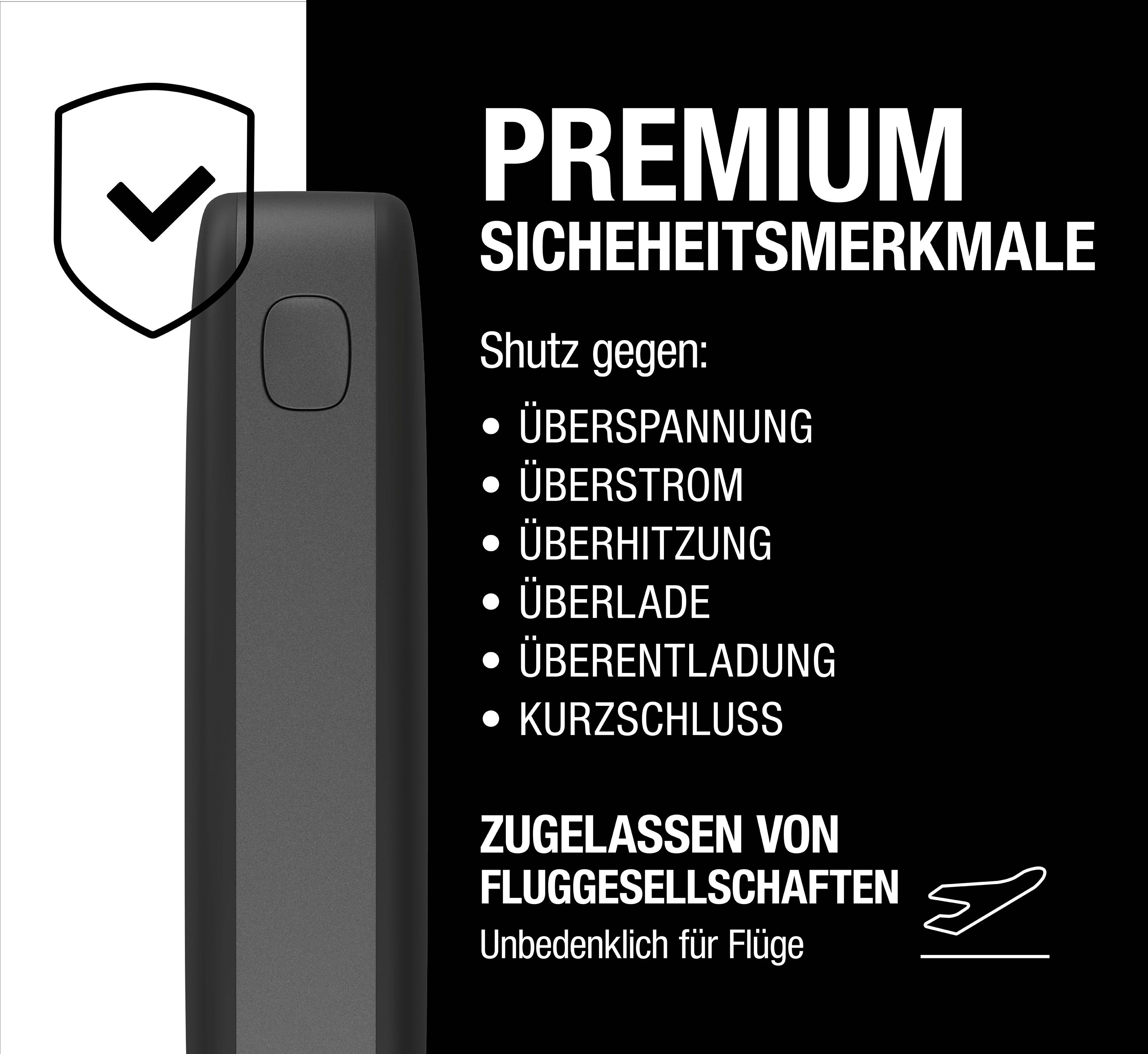 Schwarzes Gerät mit weißem Text und einem Schildsymbol, Text mit Schutzfunktionen.