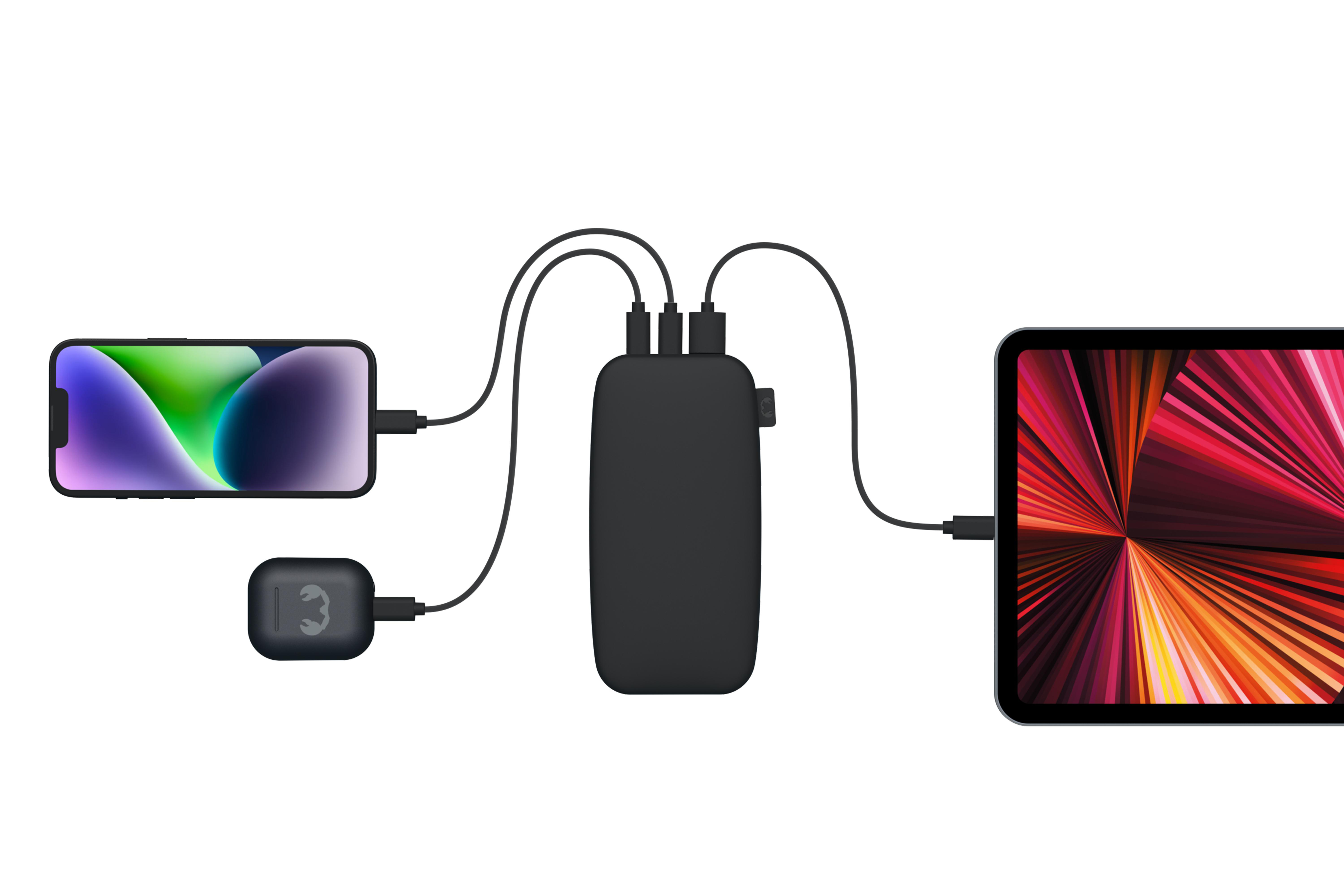 Eine schwarze Powerbank, die ein Telefon und ein Tablet mit USB-C-Kabeln auflädt.