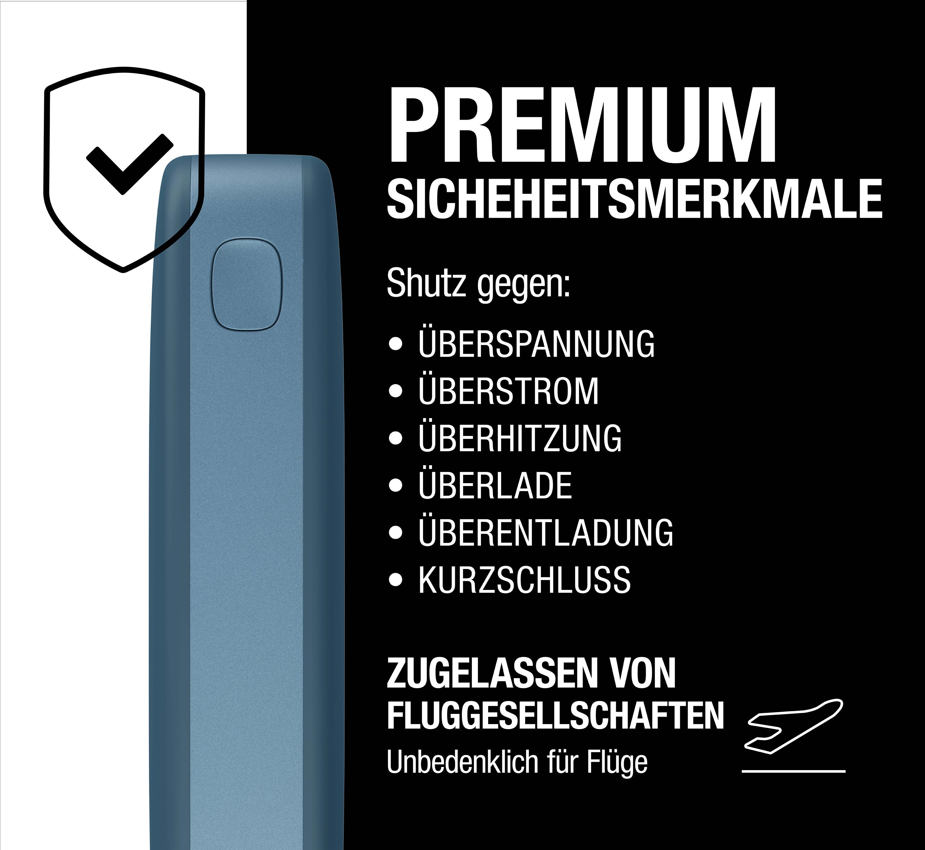 Blaues Gerät mit Knopf auf Schwarz-Weiß-Hintergrund. Text: PREMIUM, Sicherheitsmerkmale und Zulassungen.