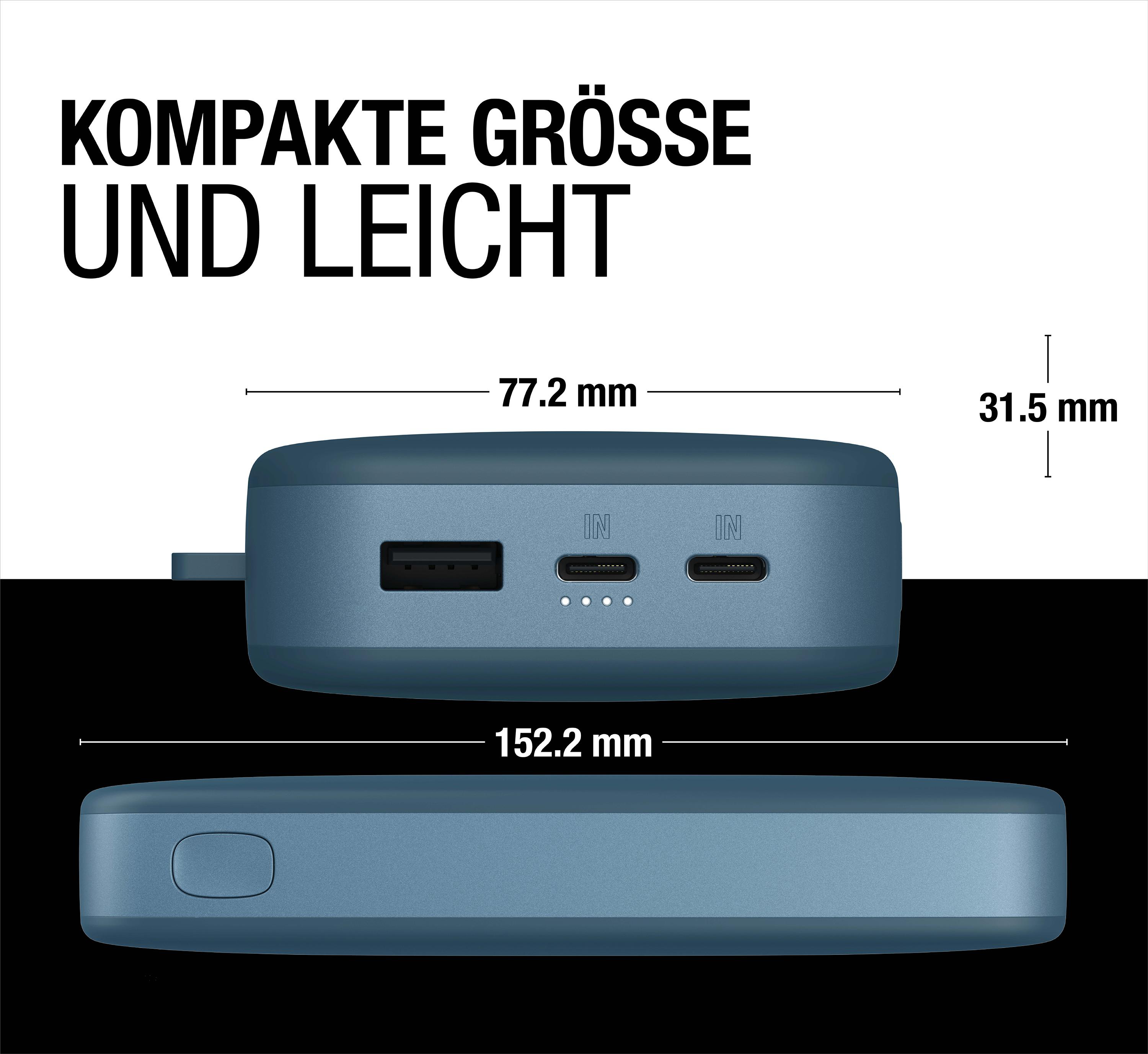 Blaue Powerbank mit Abmessungen in Millimetern. Ein USB- und ein USB-C-Anschluss sind sichtbar.