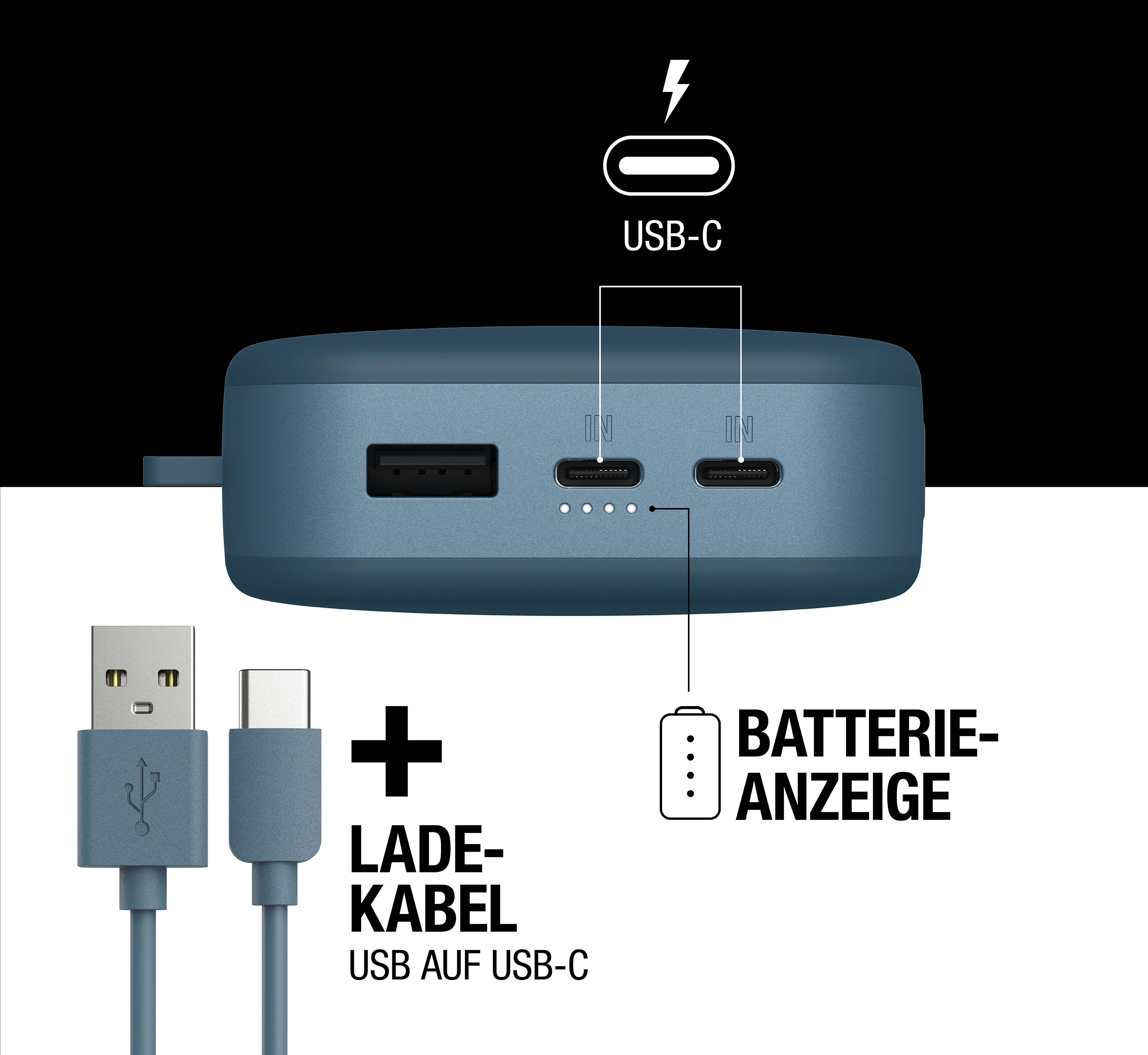 Blaue Powerbank mit USB-C- und USB-Anschlüssen, Ladekabel und Batterieanzeige.