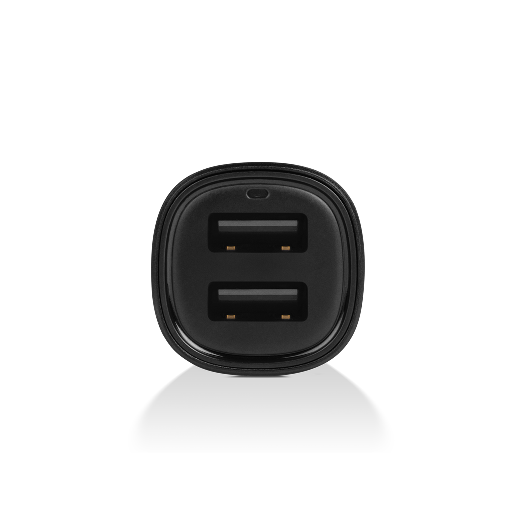 İki bağlantı noktalı siyah USB araç şarj cihazı.
