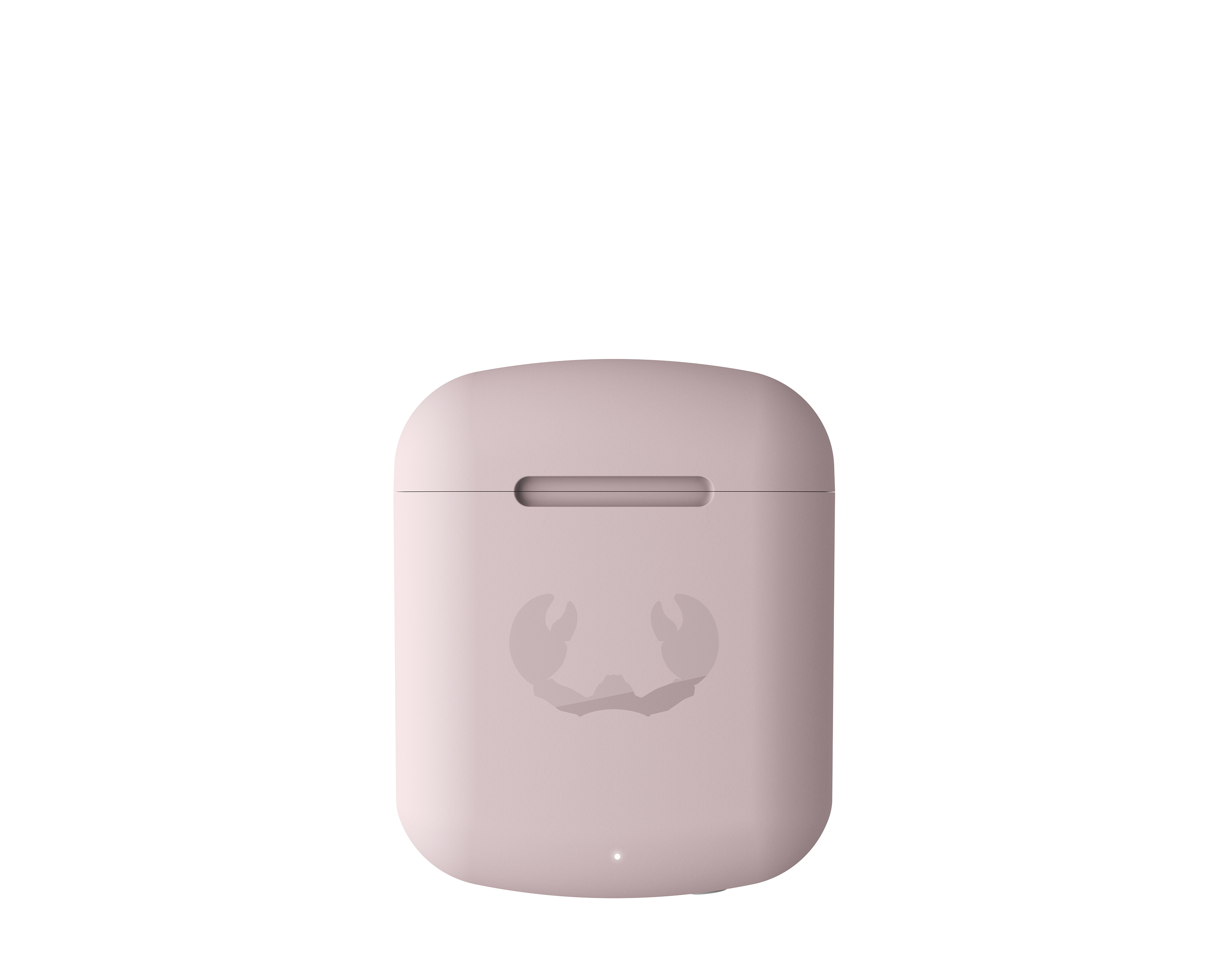 Yengeç logolu açık pembe bir kılıf. Beyaz bir arka plan üzerinde AirPods için bir kılıf.
