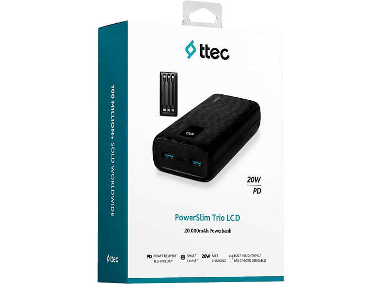 TTEC PowerSlim Trio LCD 20.000mAh PD 22,5W Dahili Kablolu Taşınabilir Şarj Aleti Siyah_4