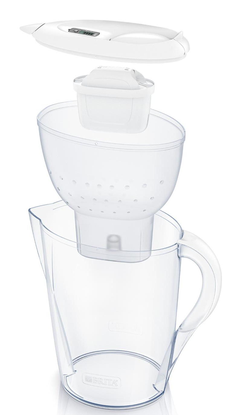 Przezroczysty dzbanek z filtrem wody z elementami filtra ułożonymi w powietrzu.