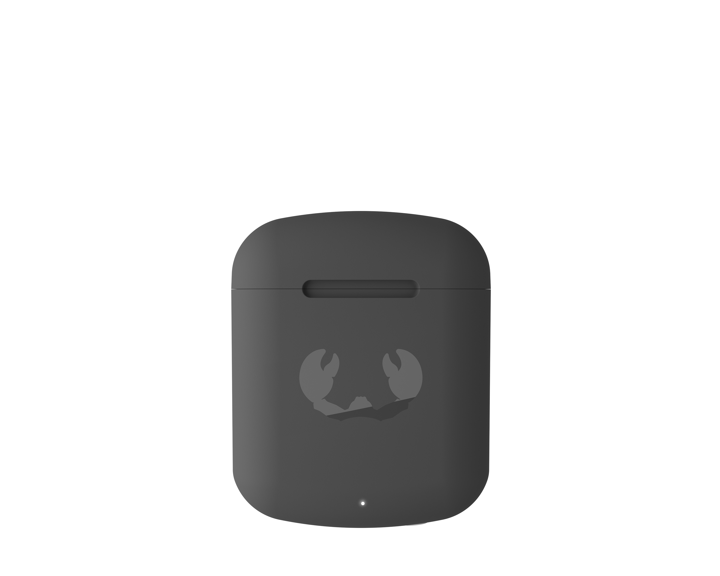Yengeç logolu koyu gri AirPods çantası. Beyaz zemin.