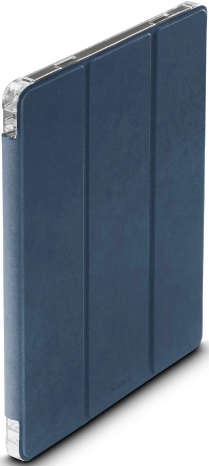 Blaue Tablethülle. Sie hat eine klare Plastikseite und ein faltbares Design.