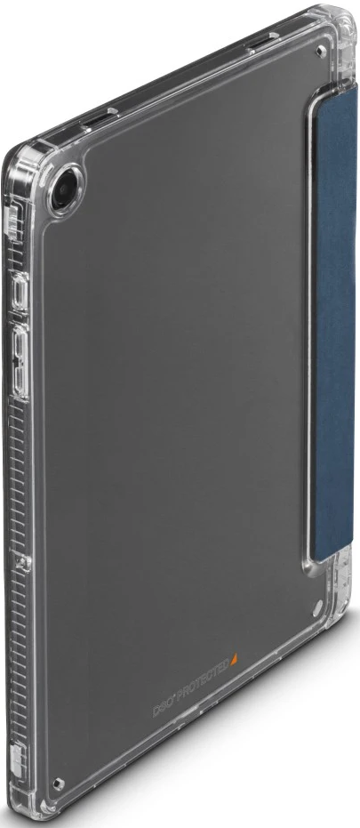 Ein Tablet in einer transparenten Hülle mit blauem Cover, aus einem Winkel betrachtet.