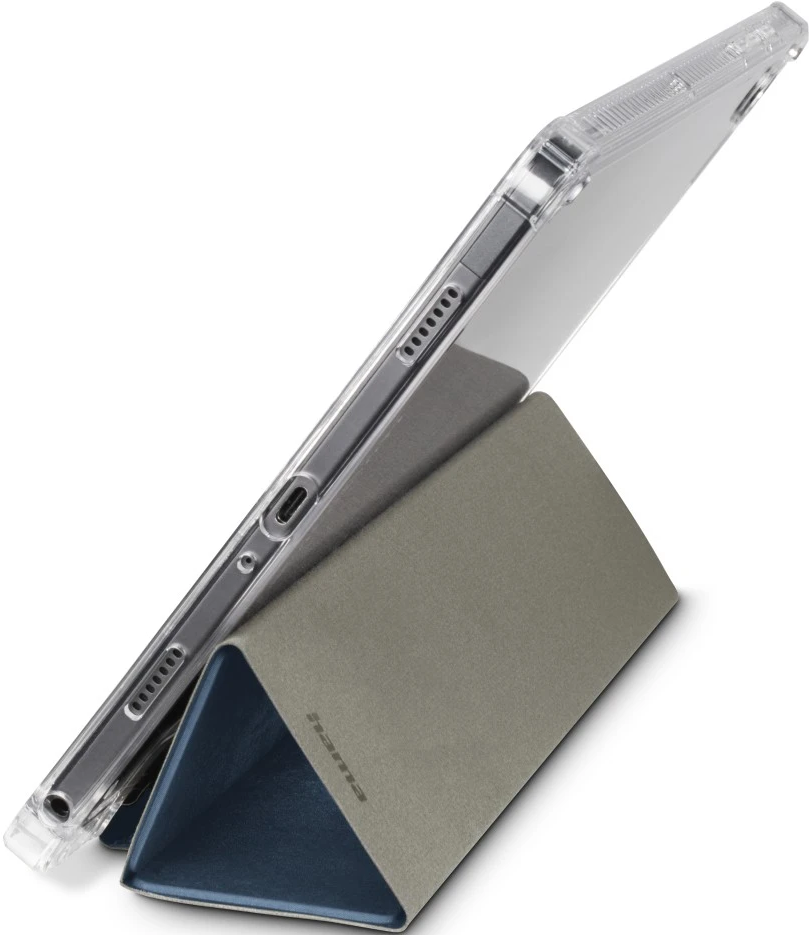 Ein Tablet in einer Hülle, schräge Ansicht, mit durchsichtiger Abdeckung.