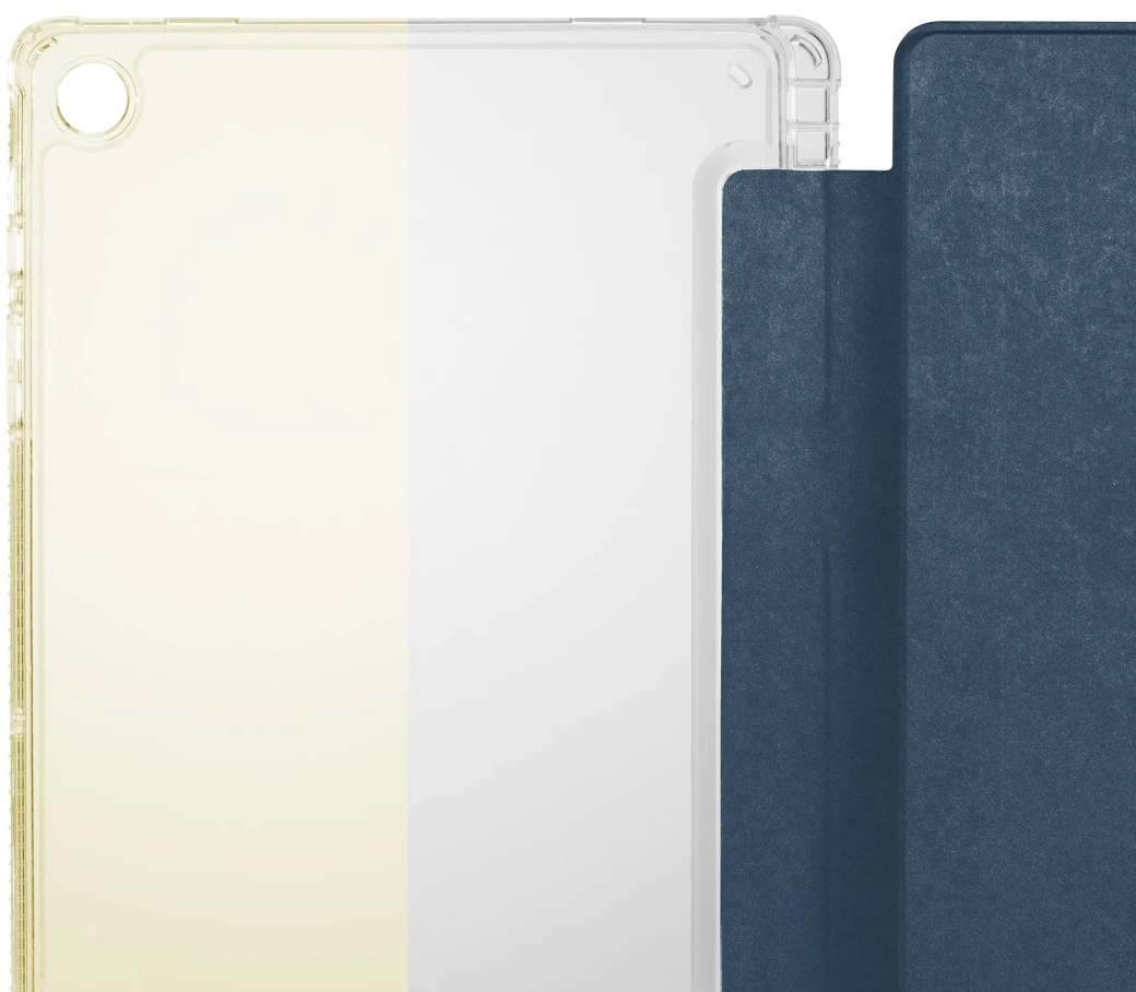 Transparente Tablet-Hülle mit marineblauem Cover, teilweise geöffnet.