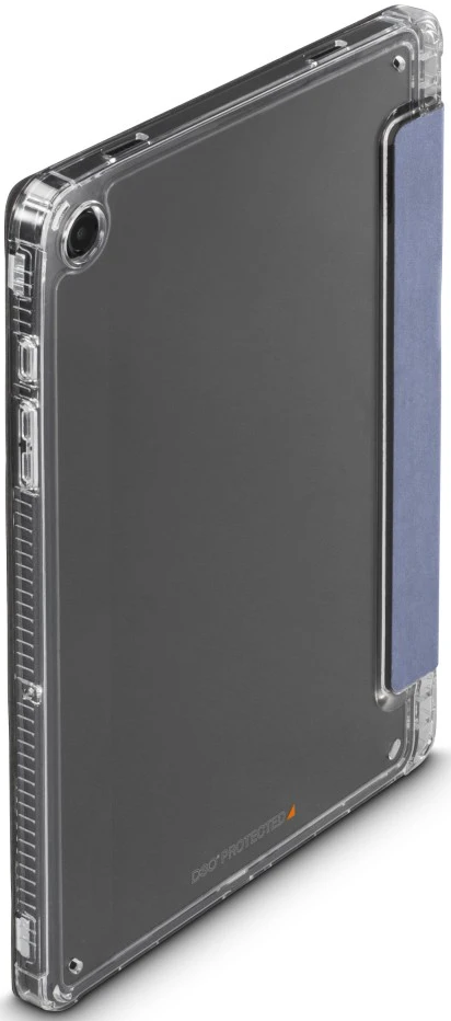 Ein iPad in einer durchsichtigen Hülle mit blauem Cover, schräge Ansicht.