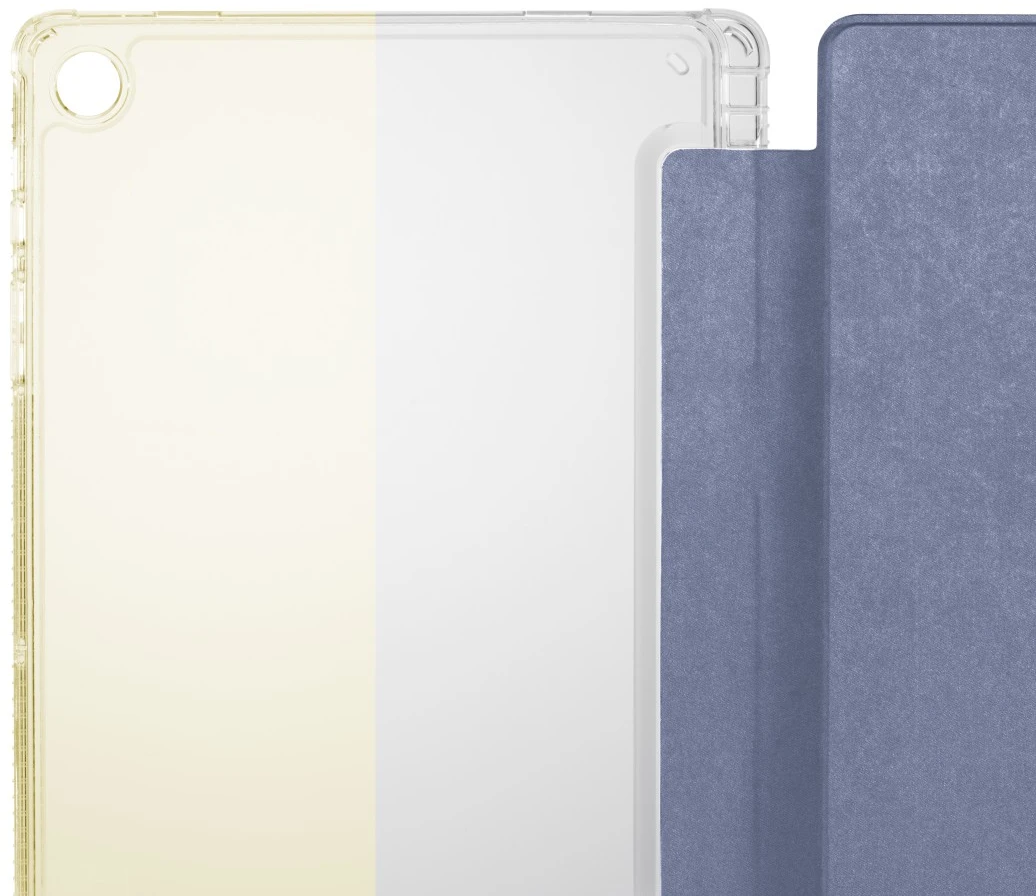 Tablet in einer transparenten Hülle mit blauem Cover, die Hülle ist offen.