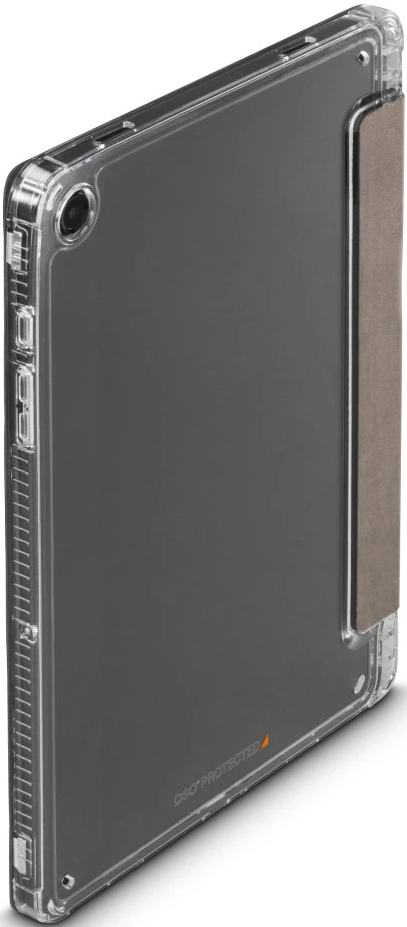 Custodia protettiva trasparente su un tablet, con una cover marrone pieghevole.