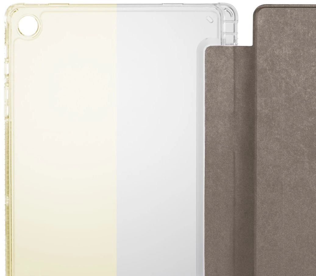 Custodia per tablet, fronte trasparente, retro marrone.