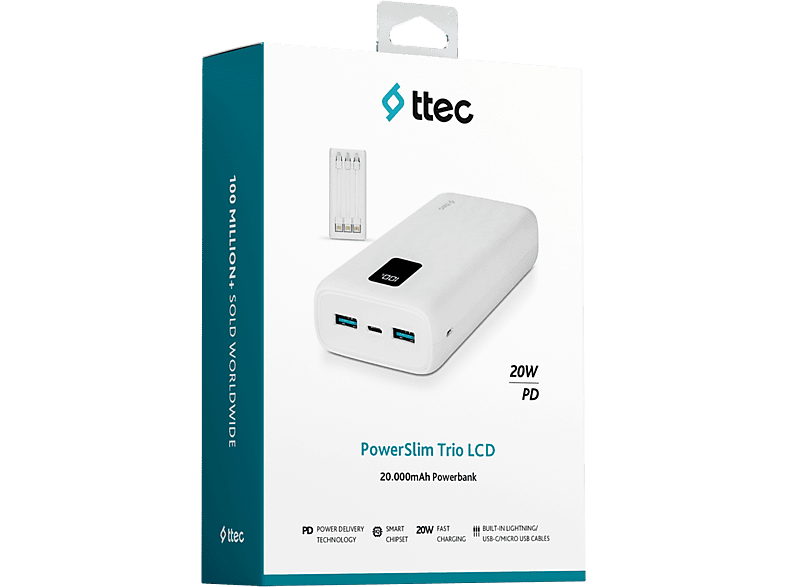 TTEC PowerSlim Trio LCD 20.000mAh PD 22,5W Dahili Kablolu Taşınabilir Şarj Aleti Beyaz_3