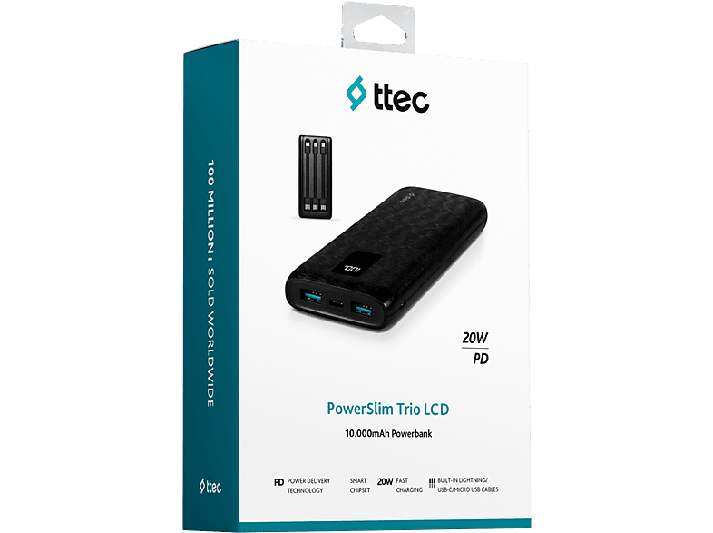 TTEC PowerSlim Trio LCD 10.000mAh PD 22,5W Dahili Kablolu Taşınabilir Şarj Aleti Siyah_3