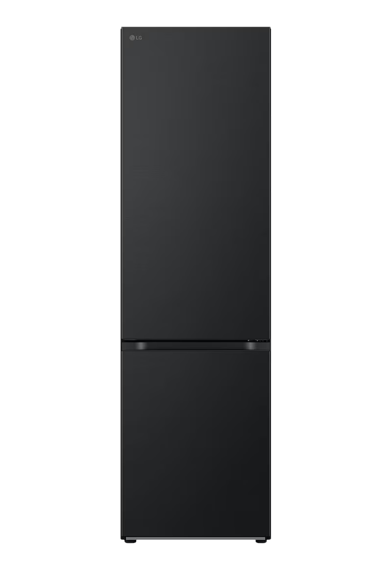 Réfrigérateur LG noir à deux compartiments. Fond noir.