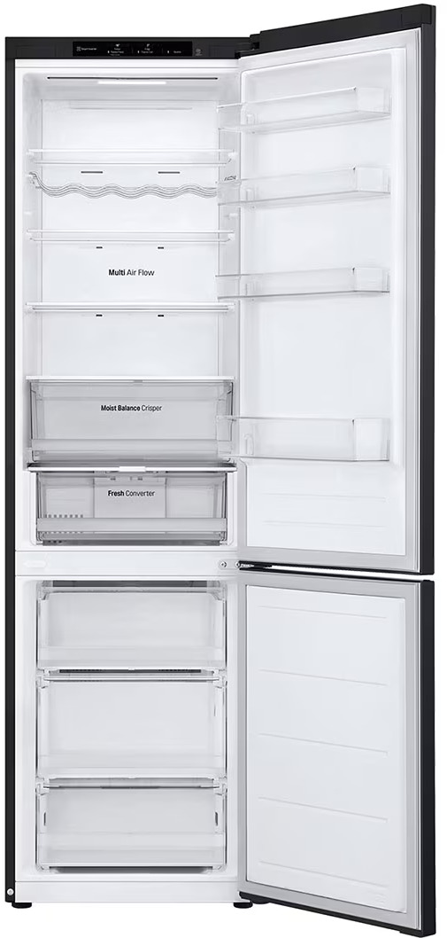 Réfrigérateur avec les portes ouvertes, montrant étagères, tiroirs et stockage des aliments.