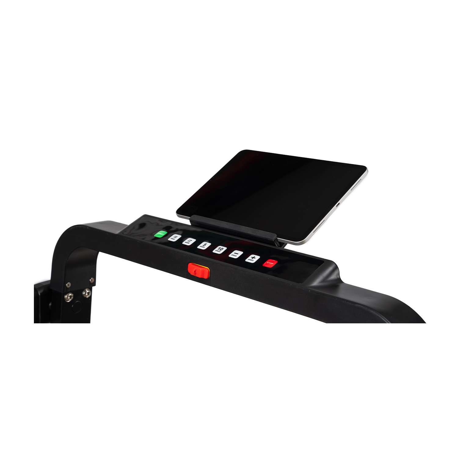 Pannello di controllo del tapis roulant con tablet, pulsanti e display per le impostazioni.