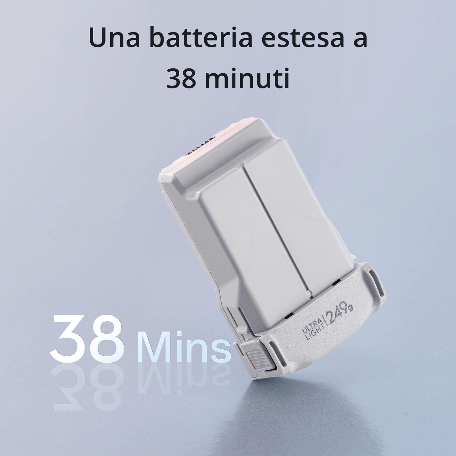 Una batteria bianca e grigia con testo che indica che estende la durata della batteria a 38 minuti.