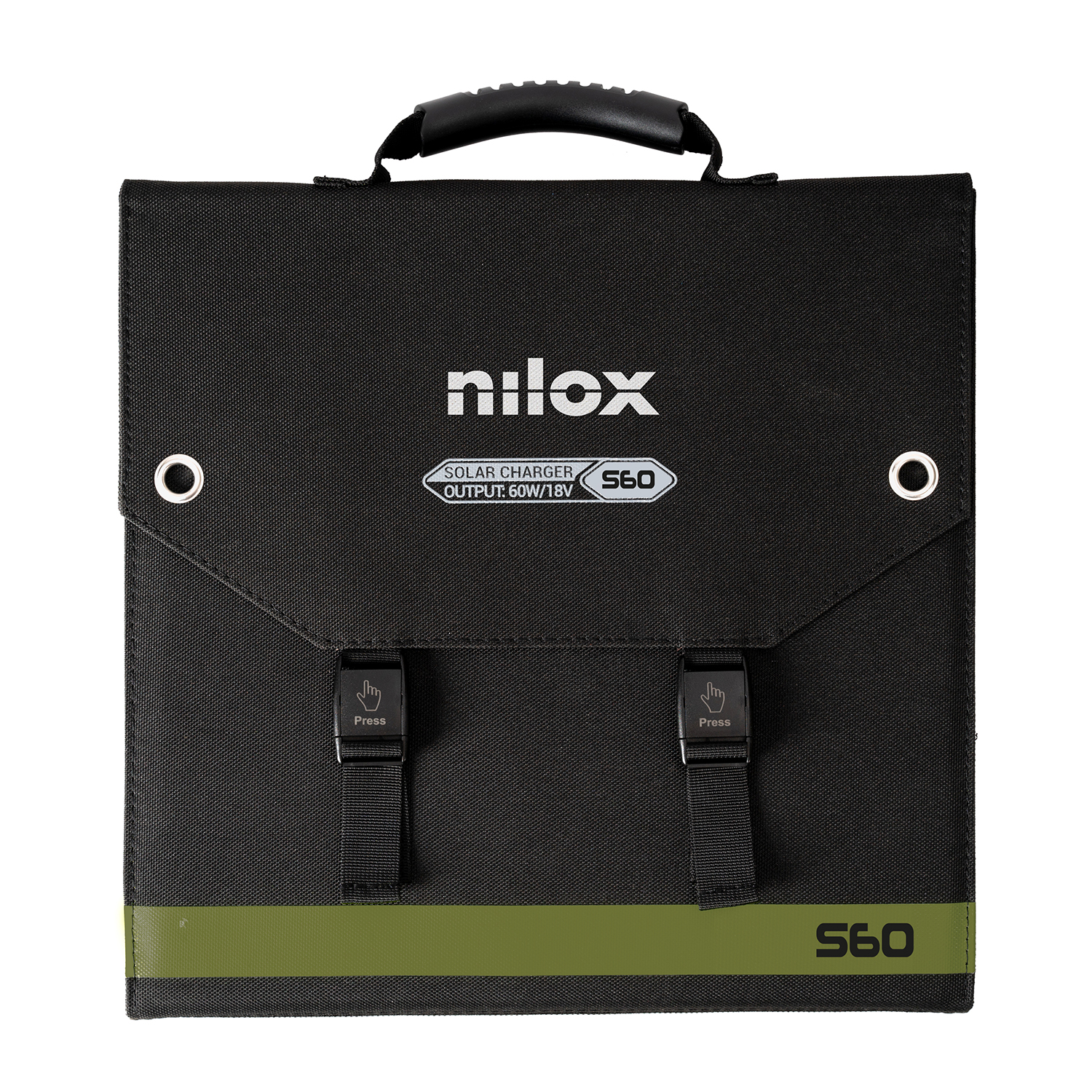 Caricatore solare nero, piegato con cinghie e maniglia. Il testo dice "nilox SOLAR CHARGER S60". Striscia verde.