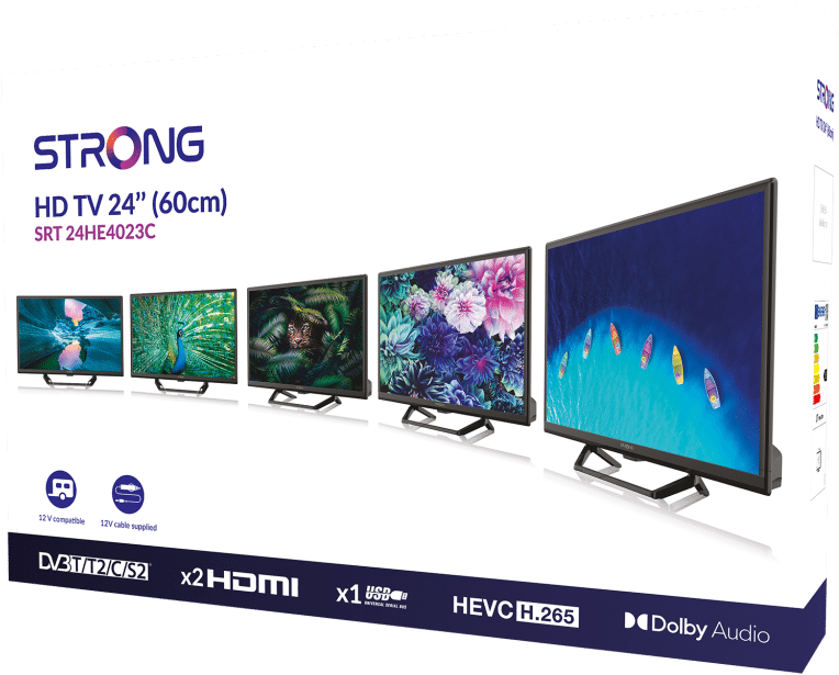 Karton mit mehreren Fernsehern, die verschiedene Bilder anzeigen. Die Box hat Text und Logos.