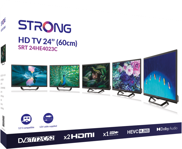 Mehrere HD-TV-Bildschirme auf der Anzeige. Produktbox mit Logo und Modellinformationen.
