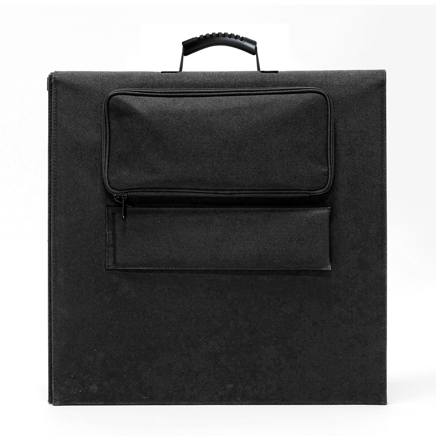 Custodia nera pieghevole per pannello solare con due tasche e maniglia, su sfondo bianco.