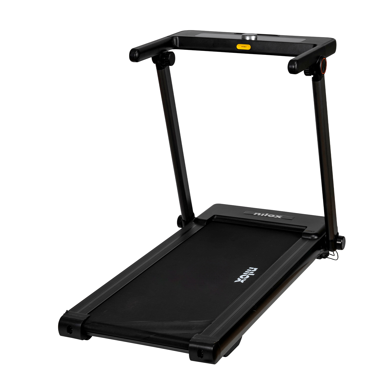 Un tapis roulant nero con display e corrimano, su sfondo bianco. Il marchio è visibile.