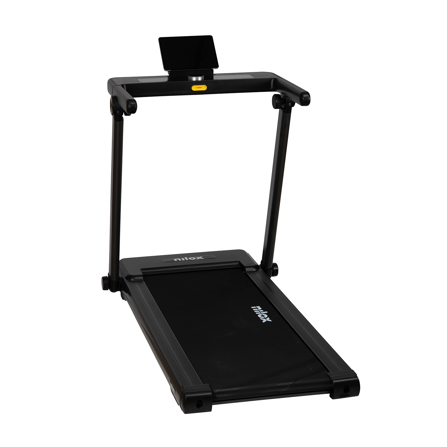 Tapis roulant nero con pannello di controllo e corrimano, posizionato per l'uso.