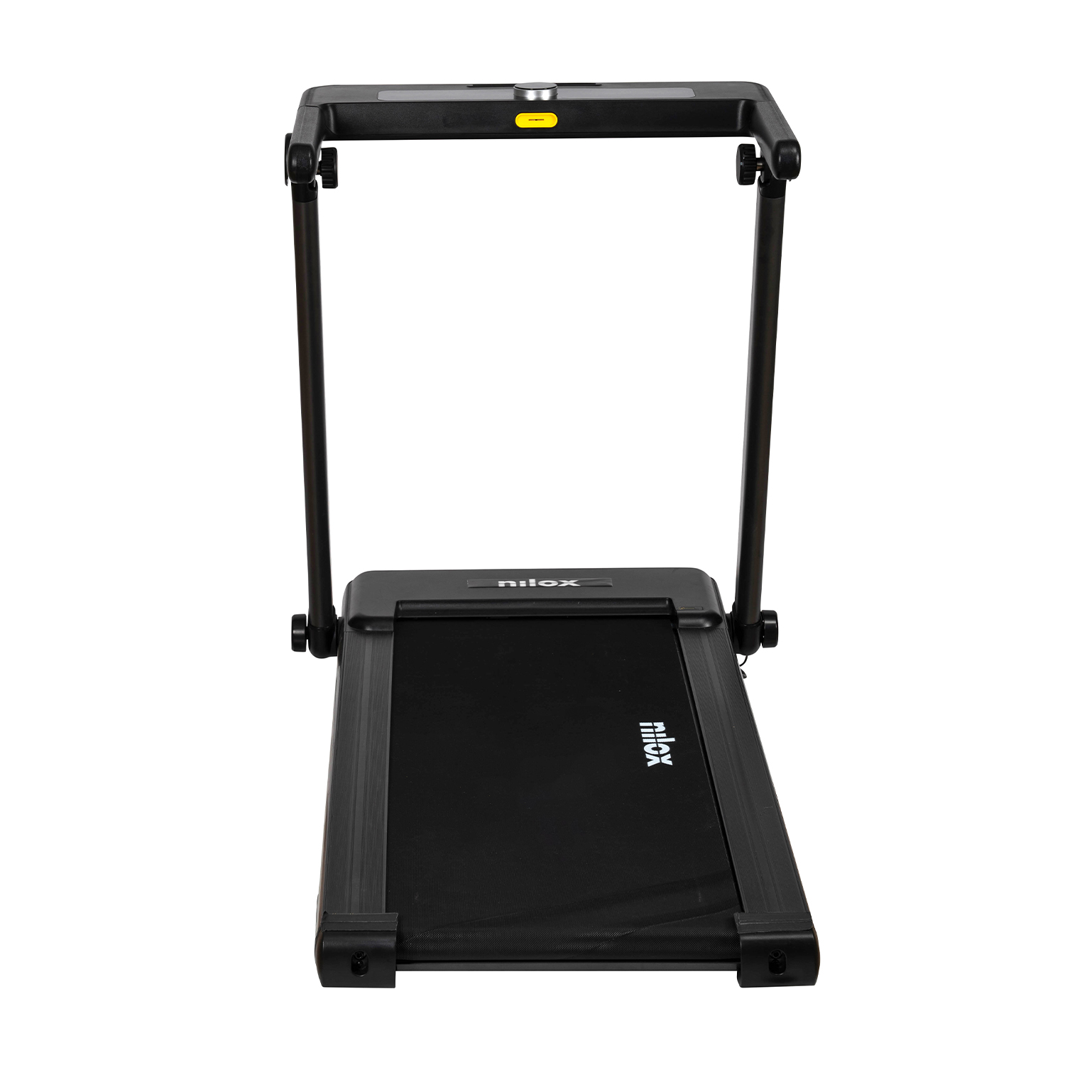 Un tapis roulant nero con un pannello di controllo. La macchina è contro uno sfondo bianco, vista frontalmente.