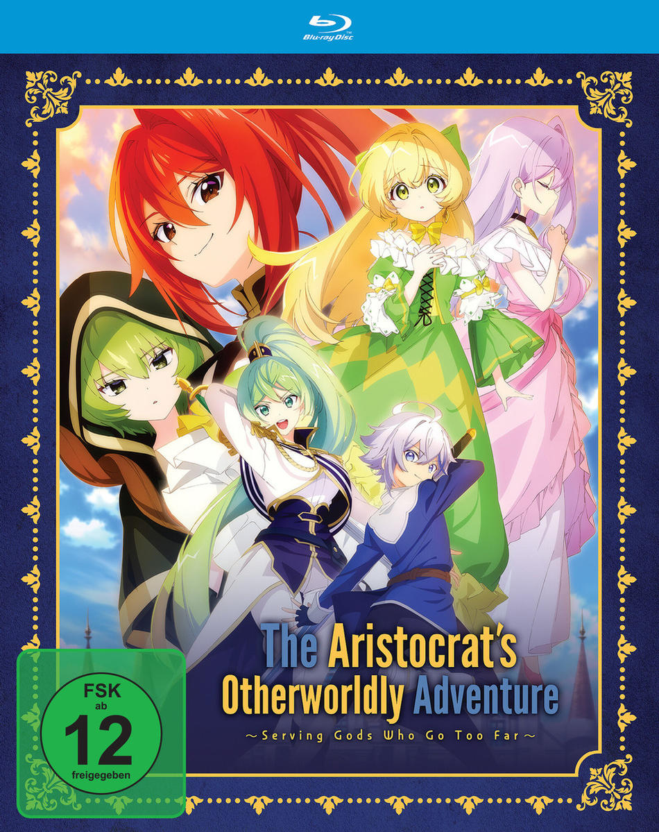 Ein Blu-ray-Disc-Cover für 'The Aristocrat's Otherworldly Adventure' mit Anime-Charakteren.