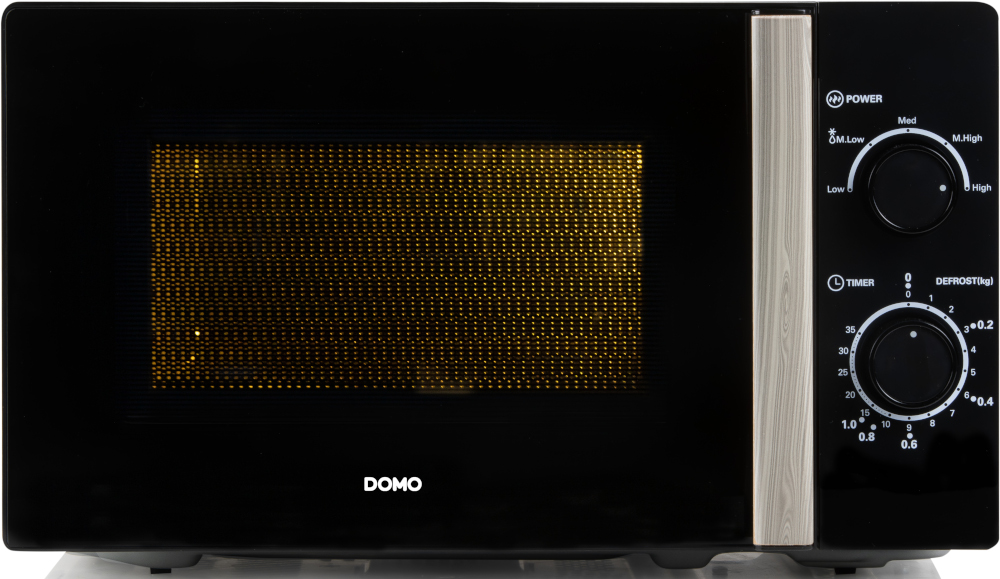 Un four à micro-ondes noir avec des commandes sur le côté droit et la lumière du four allumée.