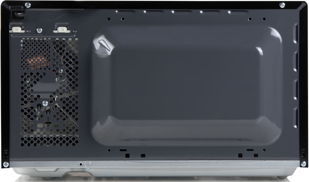 L'arrière d'un four à micro-ondes, avec un ventilateur, des aérations et divers ports.