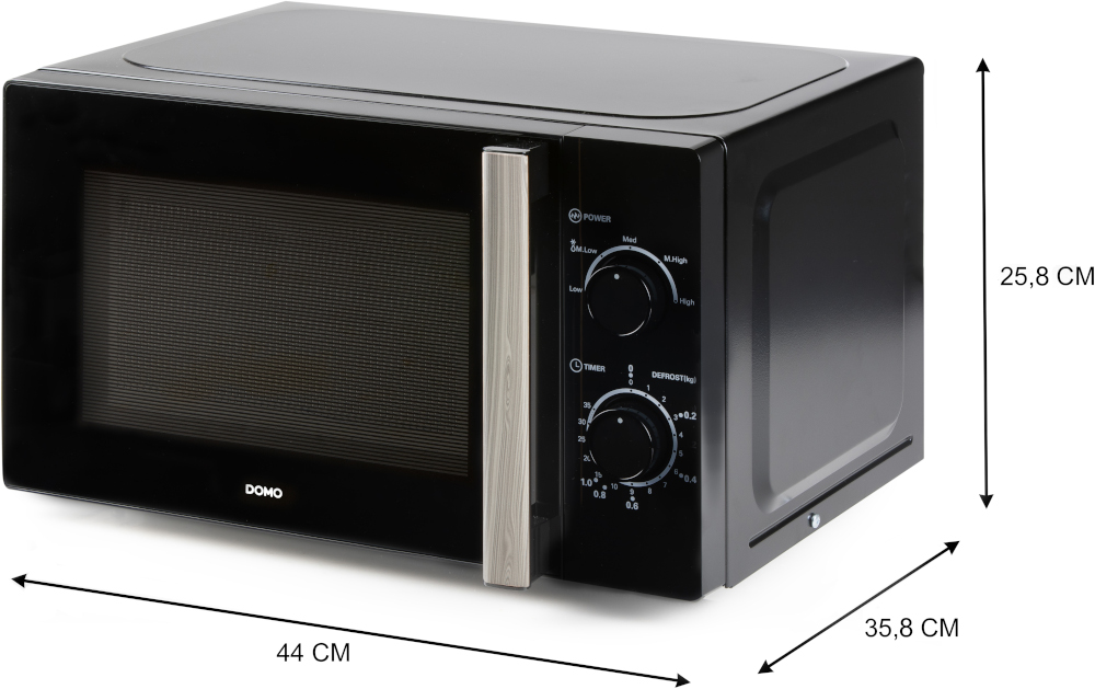 Four à micro-ondes noir avec poignée et panneau de commande argentés, dimensions indiquées.