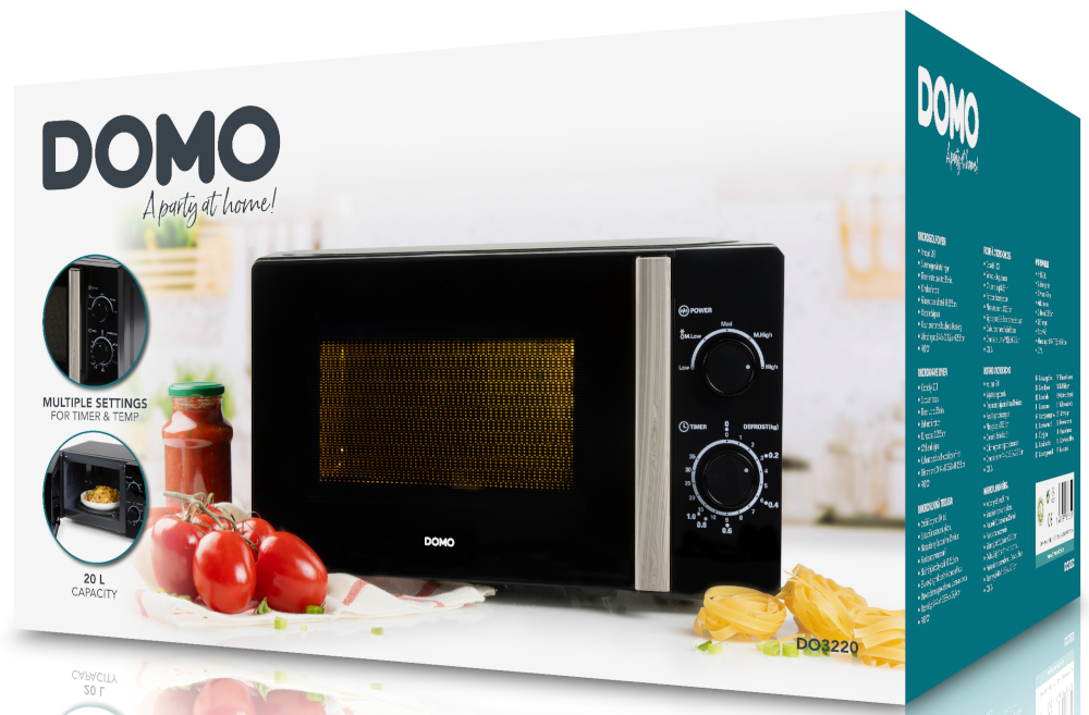 Un four à micro-ondes noir avec un panneau de contrôle, posé sur une surface blanche avec des aliments à proximité.