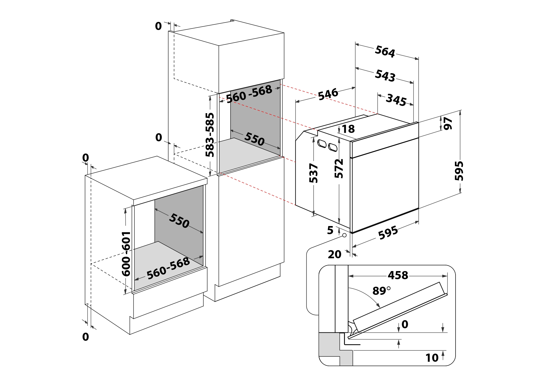 Dibujo técnico de dimensiones de horno y microondas empotrados, con medidas en cm y mm.