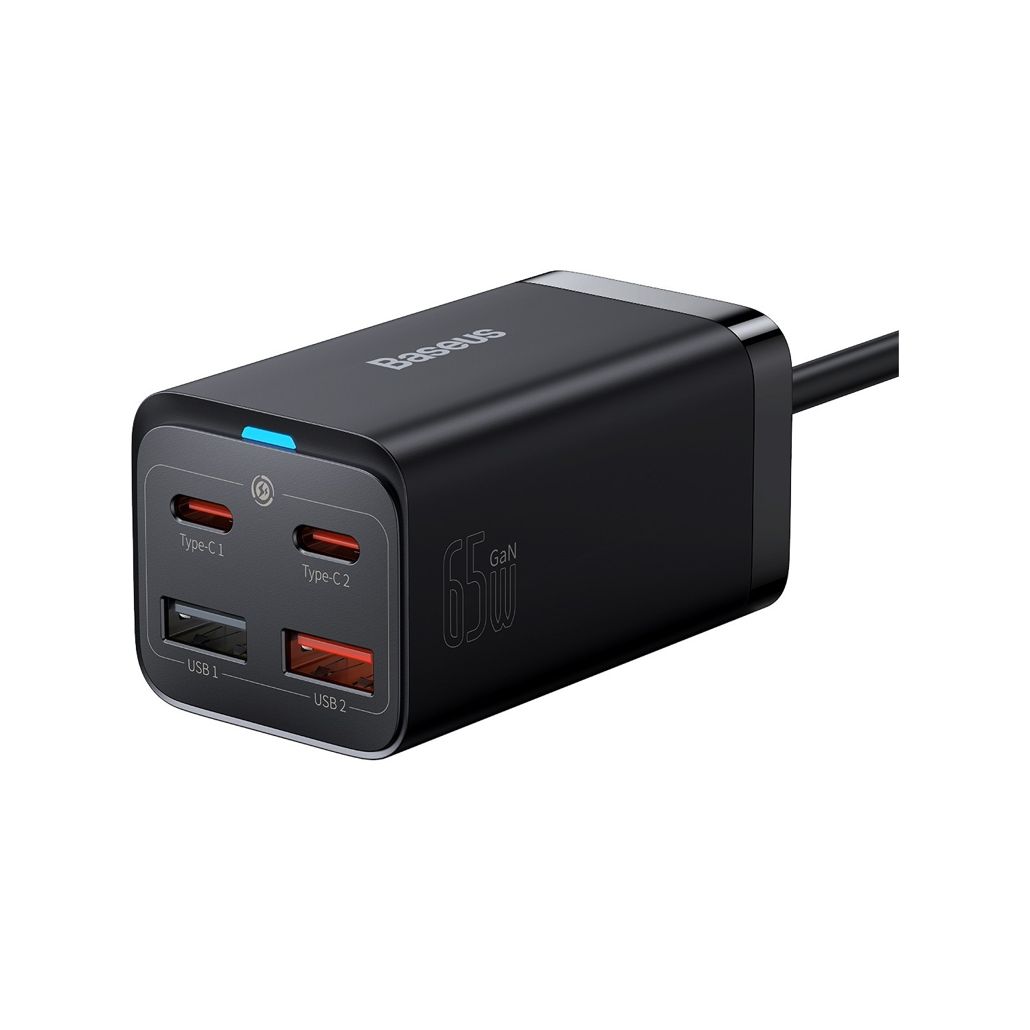 Baseus logolu, USB-C ve USB-A bağlantı noktalarına sahip siyah 65W USB şarj cihazı.