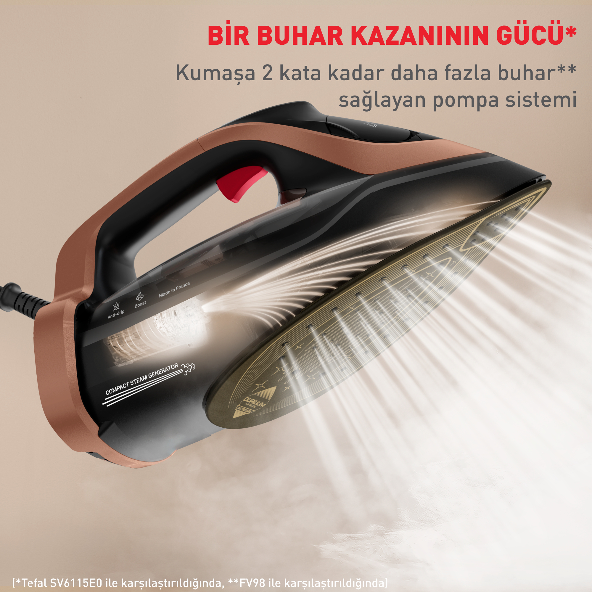 Buhar çıkan kahverengi ve siyah bir ütü. Üstte Türkçe metin.