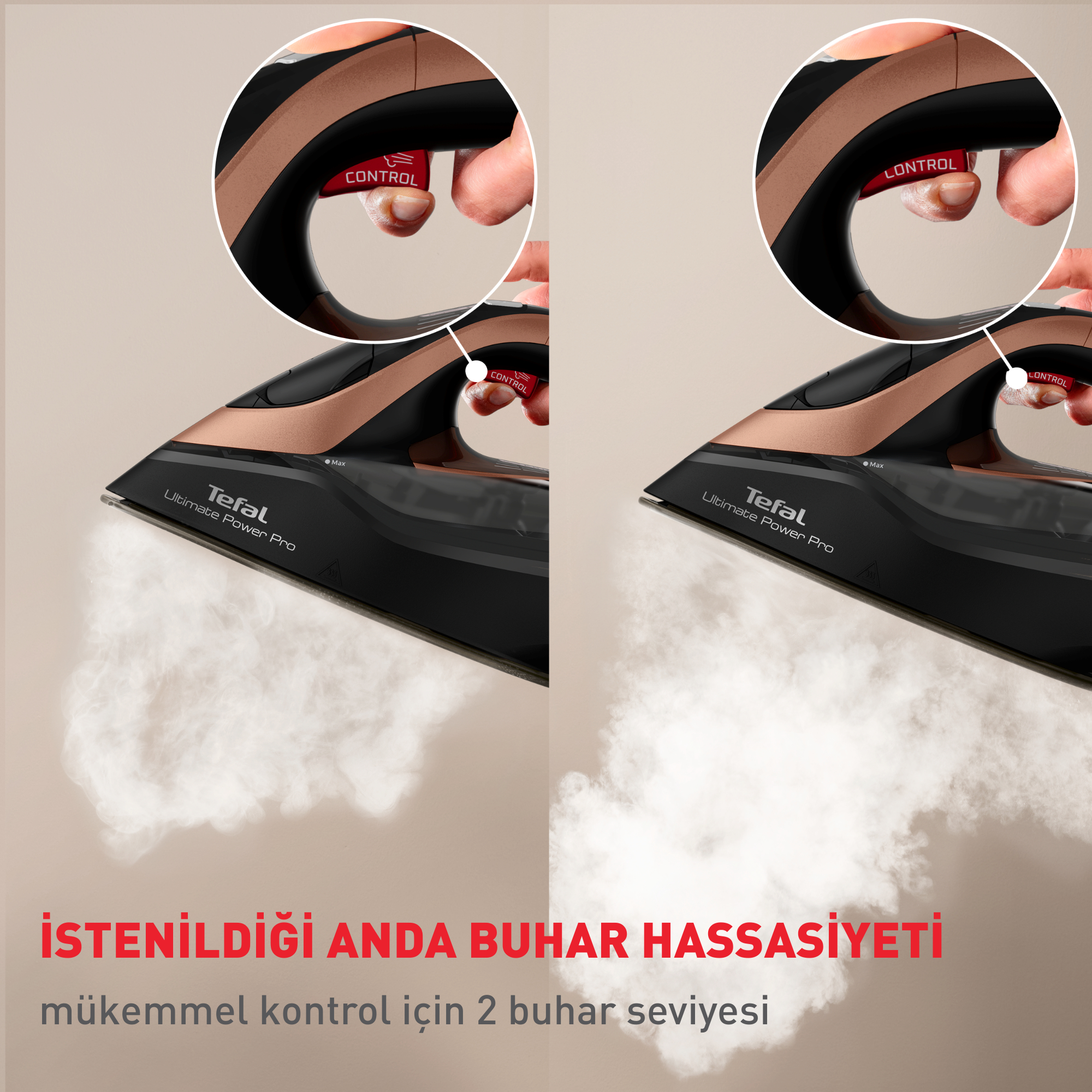 Buharlı Tefal ütünün yakın çekimi, eller kontrolleri ayarlıyor, metin.