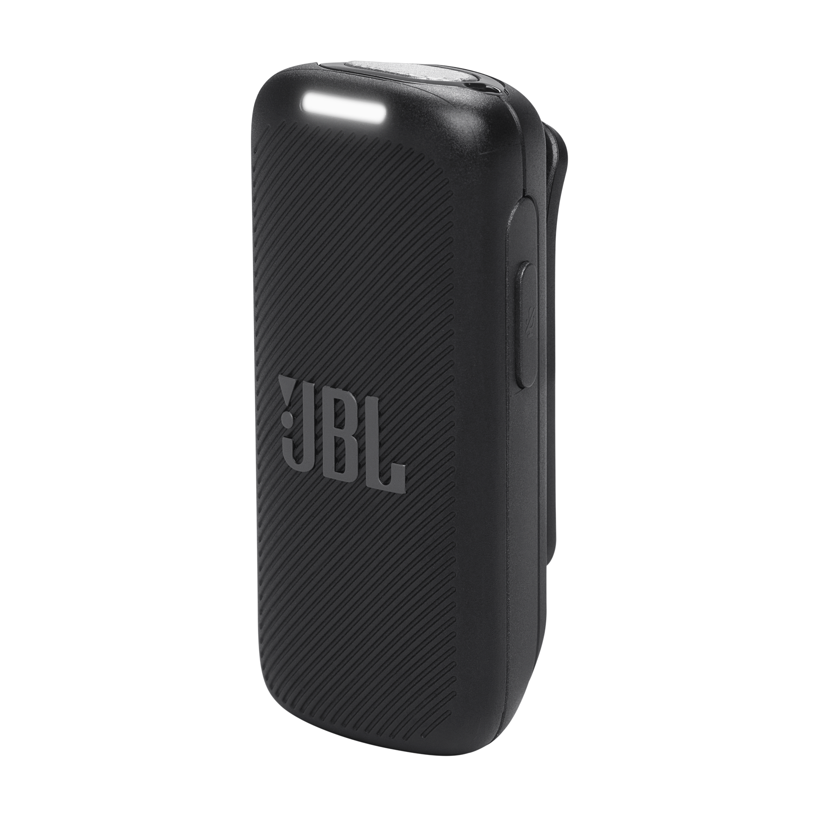 Siyah JBL klipsli hoparlör. Dokulu yüzey, JBL logosu ve bir ışık var.