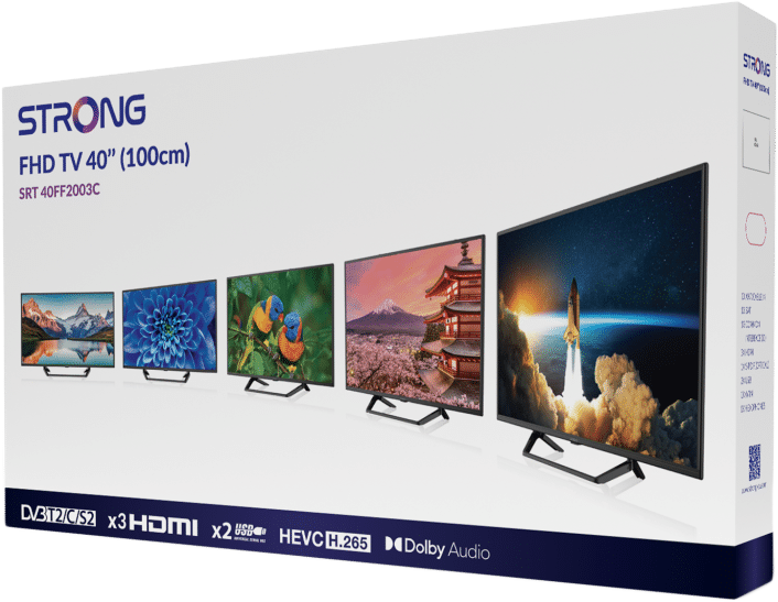 Eine Box mit mehreren TV-Bildschirmen, die verschiedene Bilder zeigen. Branding ist sichtbar.