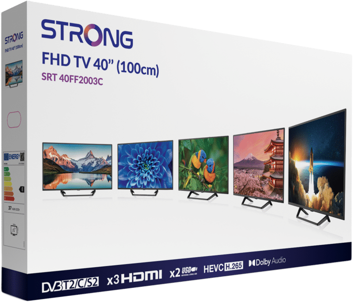 TV-Box mit verschiedenen TV-Bildschirmen, die verschiedene Bilder anzeigen. Enthält Markeninformationen.