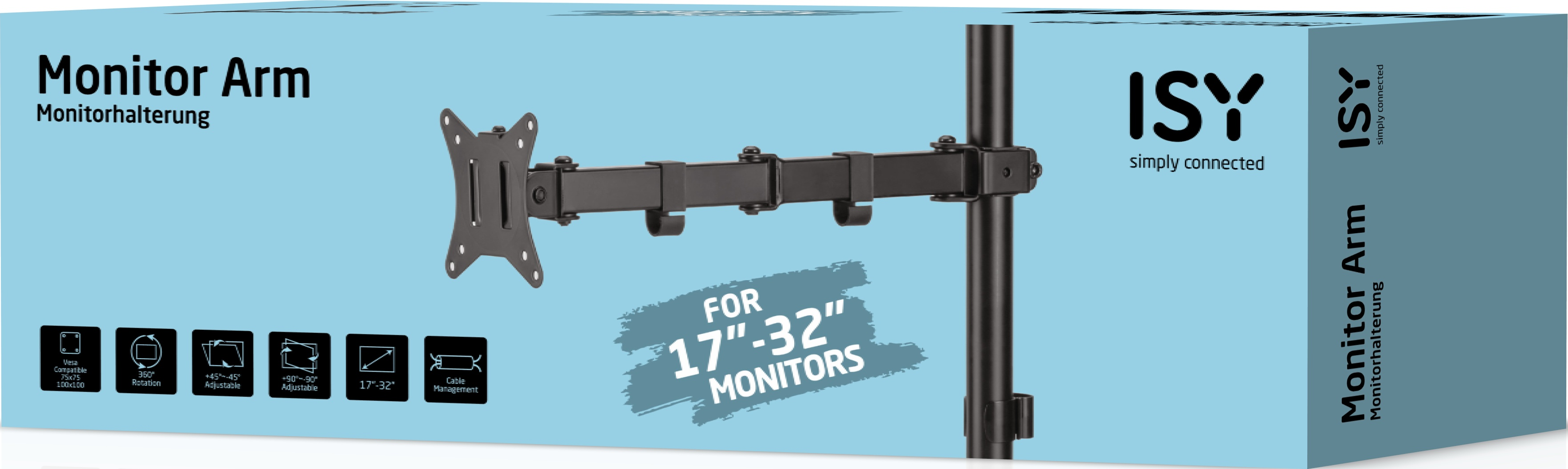 Une boîte étiquetée 'Monitor Arm' avec un support de moniteur, pour moniteurs 17"-32".