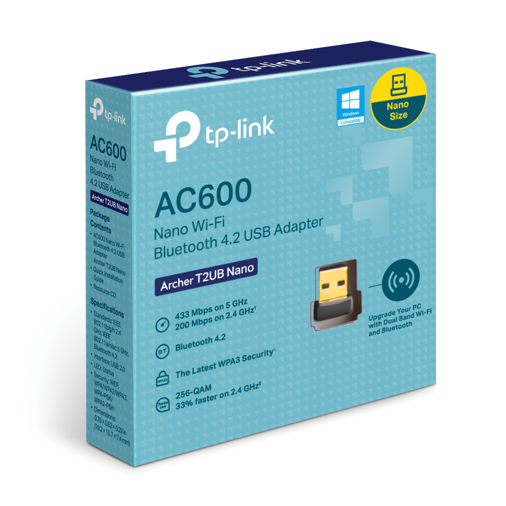 TP-Link AC600 Nano Wi-Fi USB Adaptör kutusu, mavi, ürün detayları ve görselleri ile.
