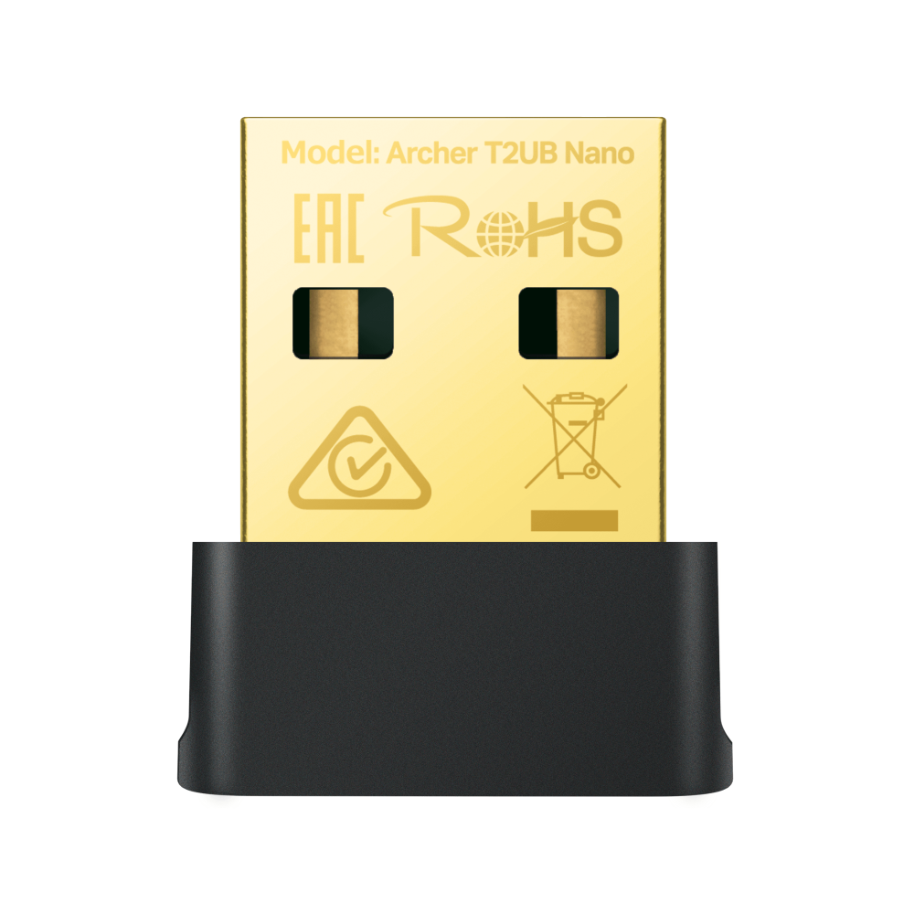 Altın USB Wi-Fi adaptörü. Adaptör dikdörtgen ve siyah bir tabana sahip.